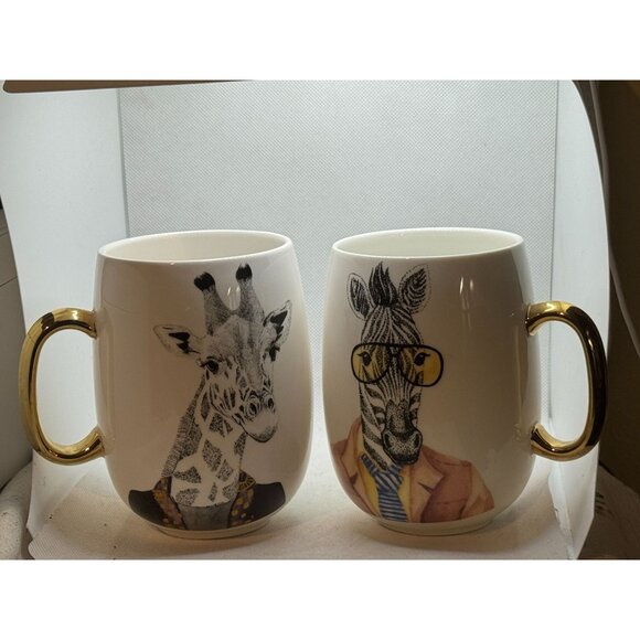 Pier 1 Book Club Giraffe Mugs Clothed Animal Gold Handled Coffee Cups Fine Chin - Picture 3 of 8